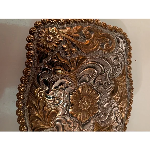Vintage 90's Crumrine Belt Buckle Heavy Silverplate & Bronze Sunflower Made USA - Picture 5 of 9
